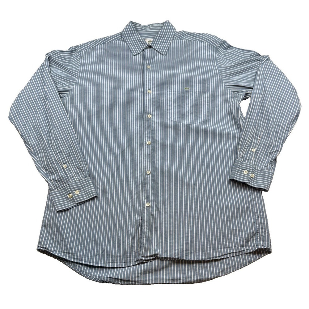 LACOSTE Mens Long Sleeve Shirt Size 41 Large Blue White Striped Cotton